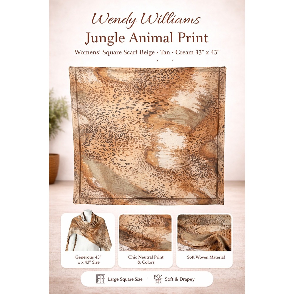 Wendy Williams Jungle‎ Animal Print Womens Square Scarf Beige Tan Cream 43x43